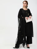 Cheera Women's Black Rayon Slub Kurta Palazzo Organza Silk Dupatta Set | Grocsy