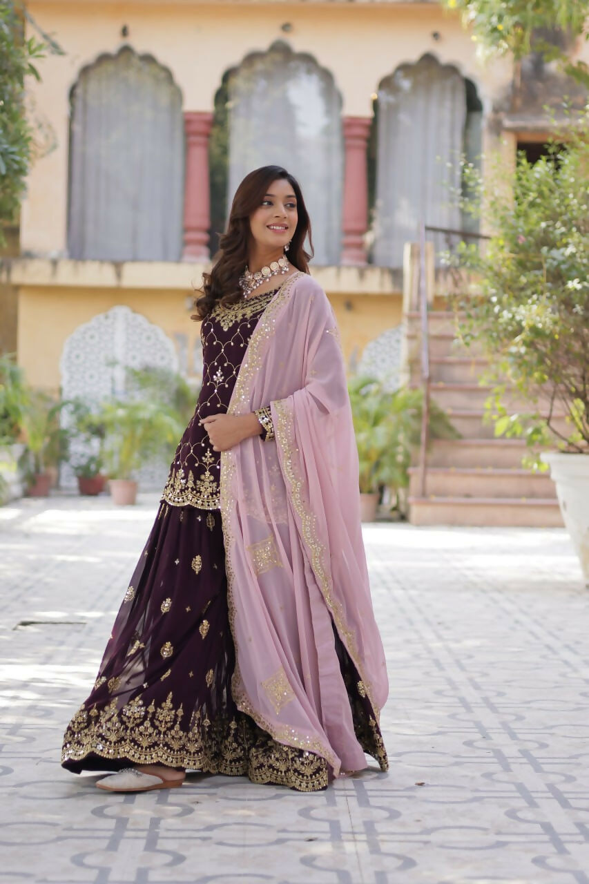 Vastranavya Faux Blooming with Sequins Embroidered Kurti, Palazzo & Dupatta - Maroon | Grocsy