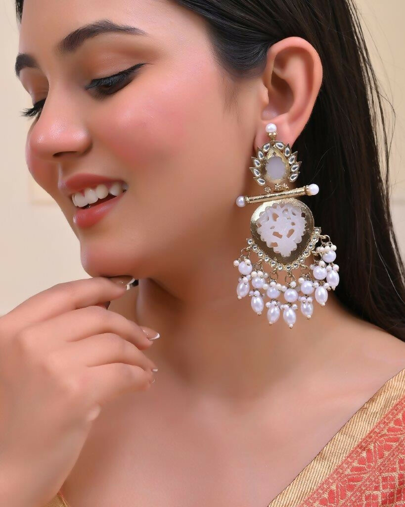 VOJ Gold-Polished White Colour Drop And Dangle Statement Earrings