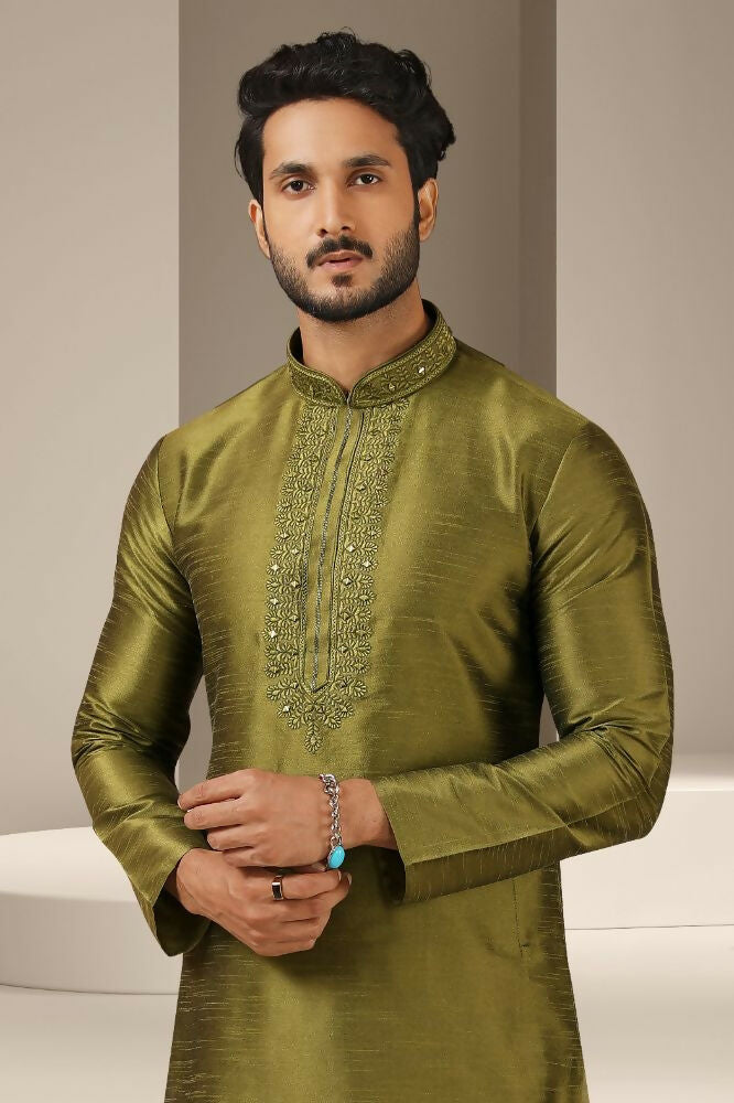 Raivat Ethnic Banarasi Art Silk Mirror Work Kurta Pajama In Green Colour | Grocsy