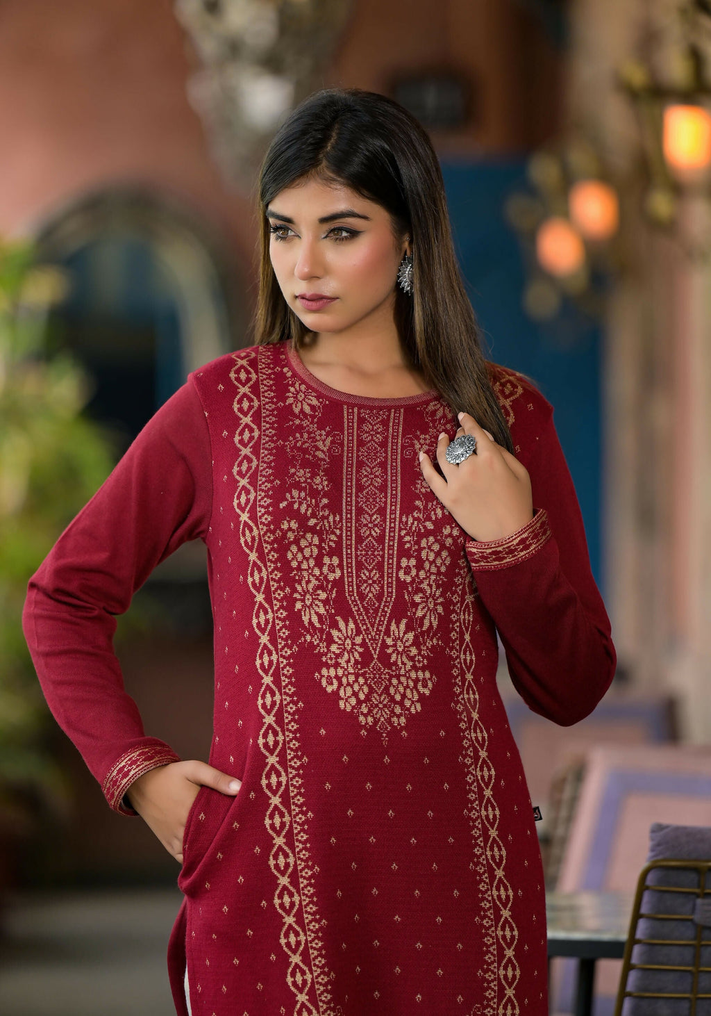 Juniper Women's Maroon Ethnic Motif Printed Polycotton Kurta | Grocsy