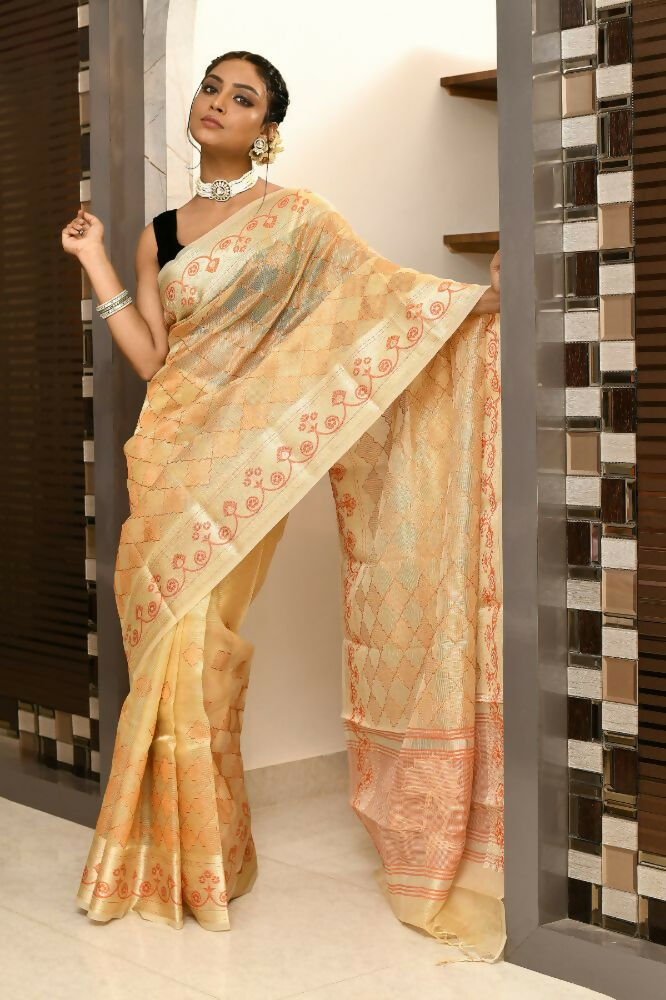 Joban Fashion Light Orange Saree Kota Tissue With Embroidery And Applick Anchal | Grocsy