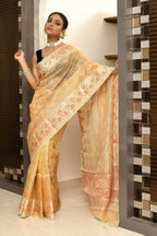 Joban Fashion Light Orange Saree Kota Tissue With Embroidery And Applick Anchal | Grocsy