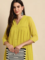 Janasya Women Mustard Yellow Dobby Weave Poly Chiffon Kurta | Grocsy