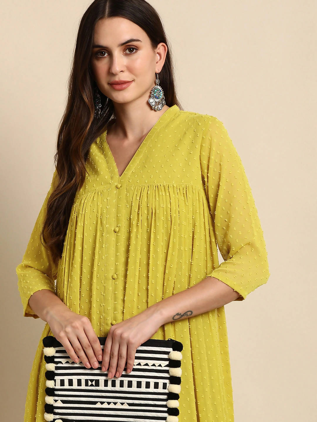 Janasya Women Mustard Yellow Dobby Weave Poly Chiffon Kurta | Grocsy