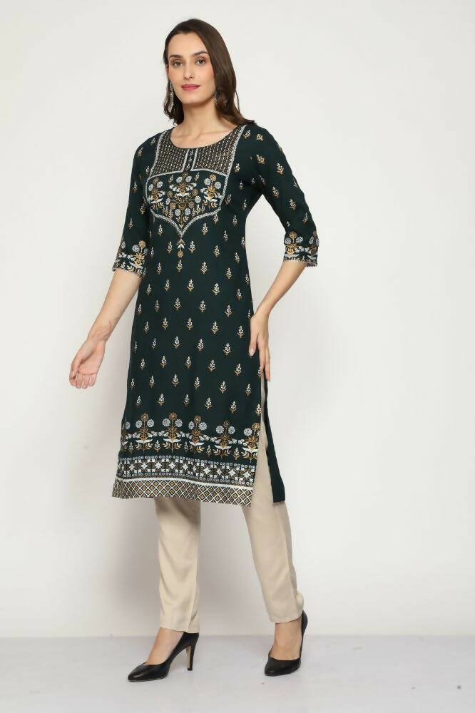 Maai Rayon Hand Printed Kurta Green | Grocsy