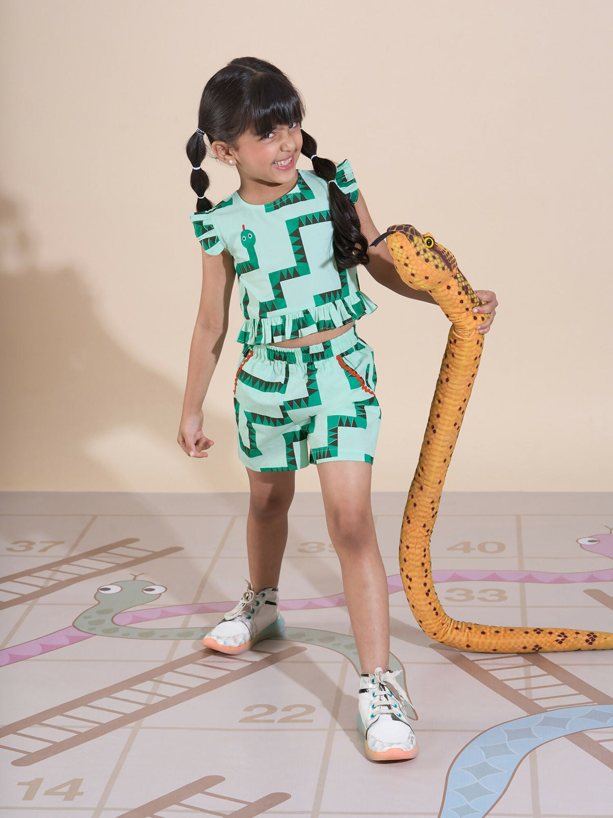 Snakes and Ladders Girls Green Table Print Top and Shorts Sets from Siblings Collection | Grocsy