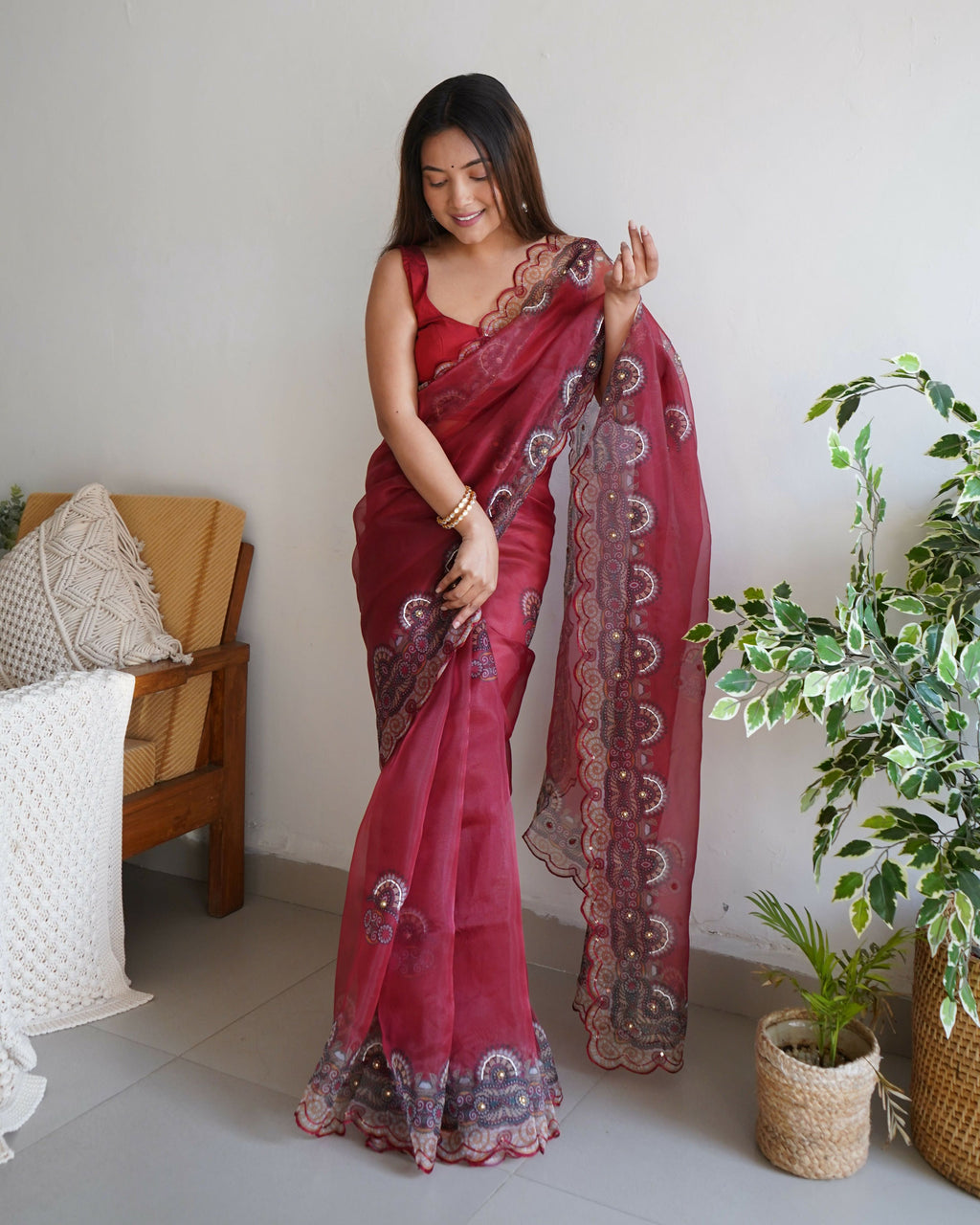 Vamsee Shivika Maroon Organza Saree | Grocsy