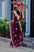 Vastranavya Wine Embroidery Work Shimmer Chiffon Saree with Unstitched Blouse | Grocsy