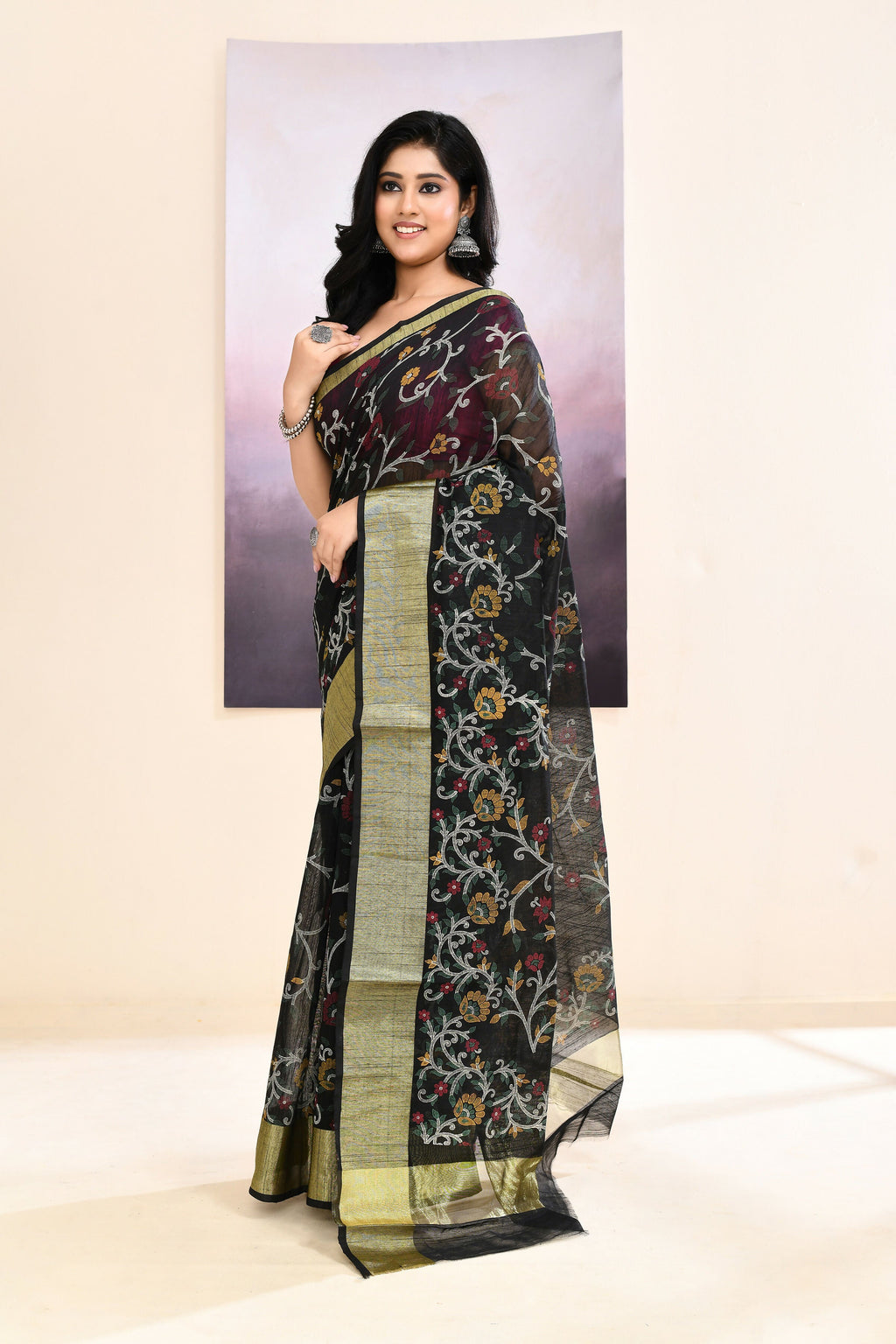 Piyari Fashion Women's Black Embellished Cotton Blend Printed Saree | Grocsy
