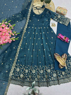 Teeya Creation New Stylish Trendy Elegant Teal Embroidered Anarkali Suit with Dupatta | Grocsy