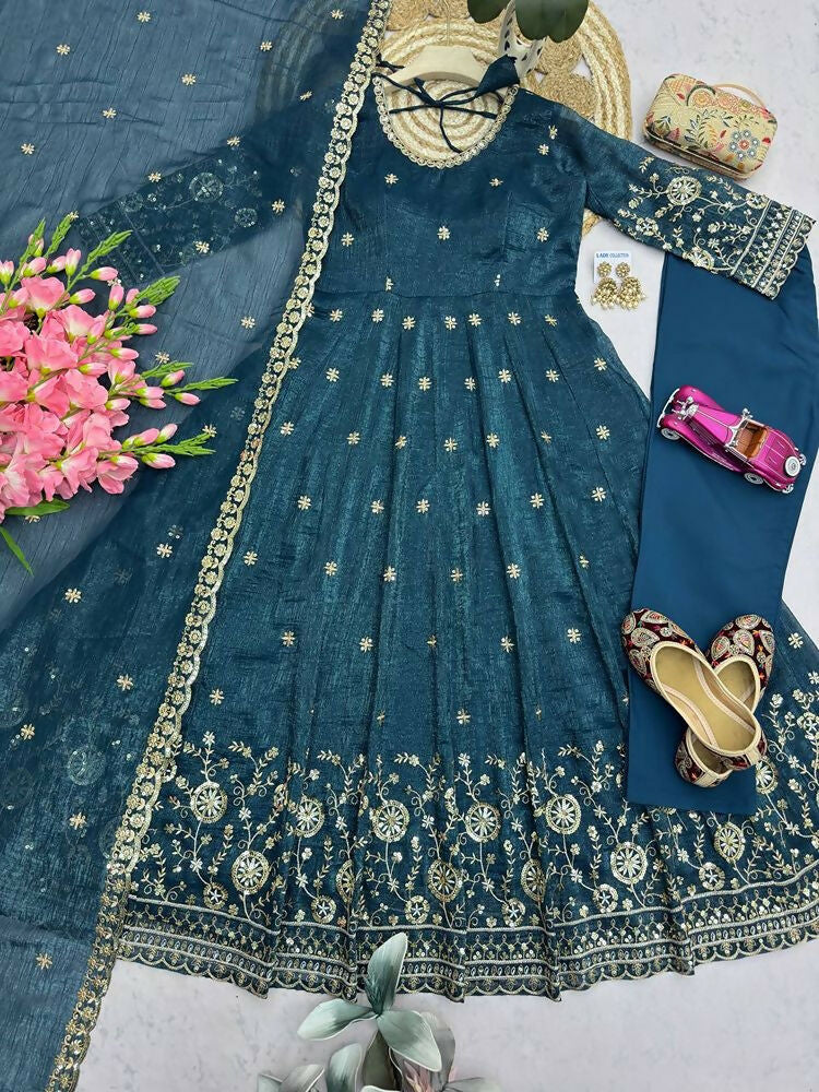 Teeya Creation New Stylish Trendy Elegant Teal Embroidered Anarkali Suit with Dupatta | Grocsy