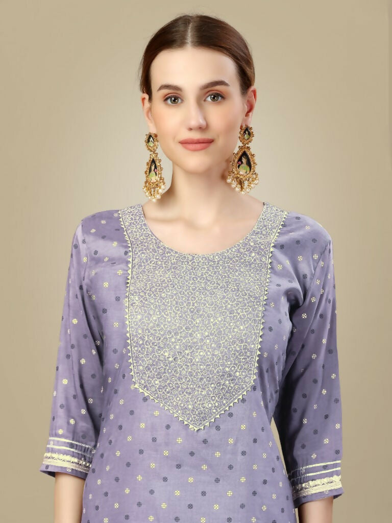 Jyoti Fashion Women's Lavender Silk Blend Embroidery & Sequence work Kurta with Trouser & Dupatta | Grocsy