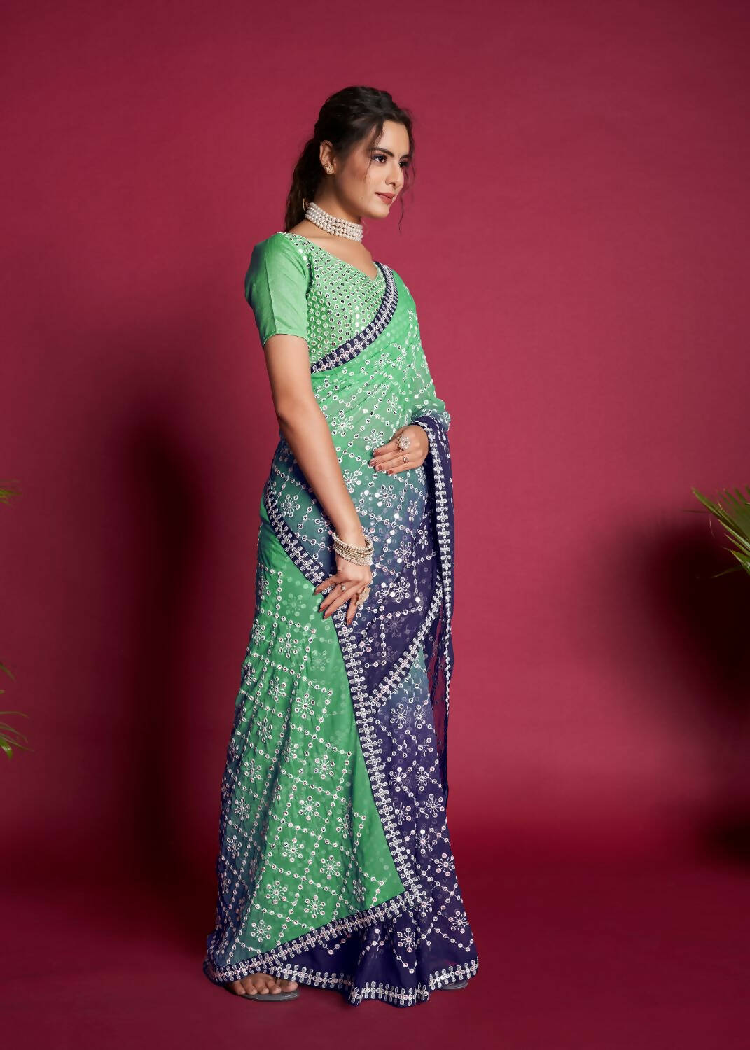 Vamsee Green And Blue Georgette Designer Saree | Grocsy