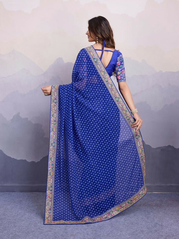 Blue Georgette Bandhani Printed,Embroidery Work Saree - Surkhi | Grocsy