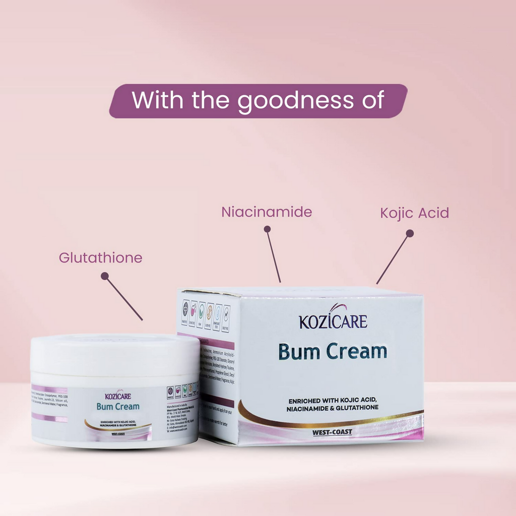 Healthvit Kozicare Bum Cream with 0.01% Glutathione, 1% Niacinamide | Grocsy