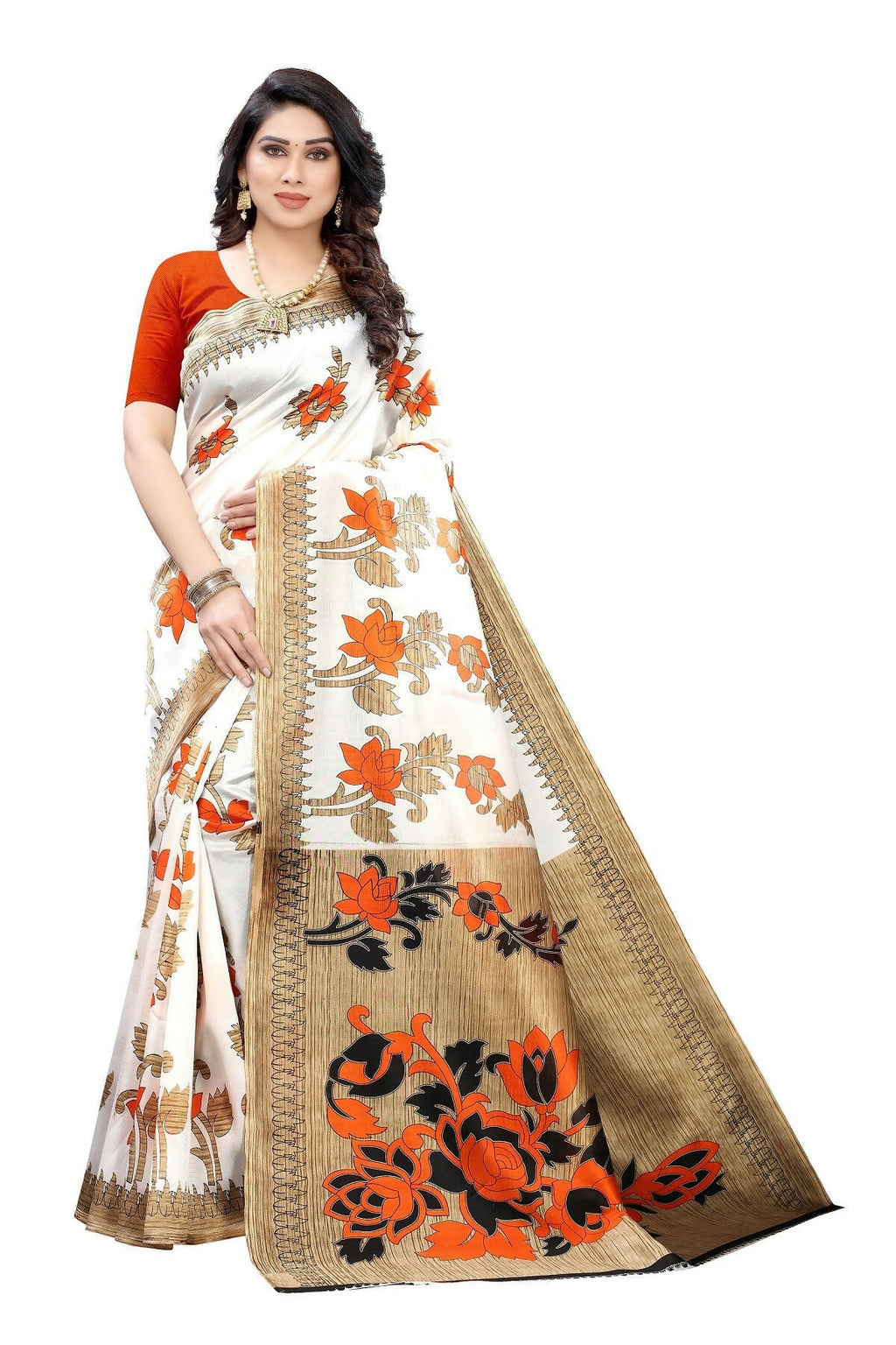 Vamika White Printed Art Silk Saree | Grocsy