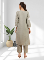 Joban Fashion Gray Linen Embroidered Readymade Long Kurta With Pant | Grocsy