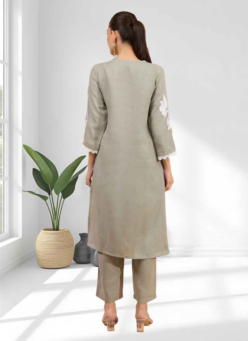 Joban Fashion Gray Linen Embroidered Readymade Long Kurta With Pant | Grocsy