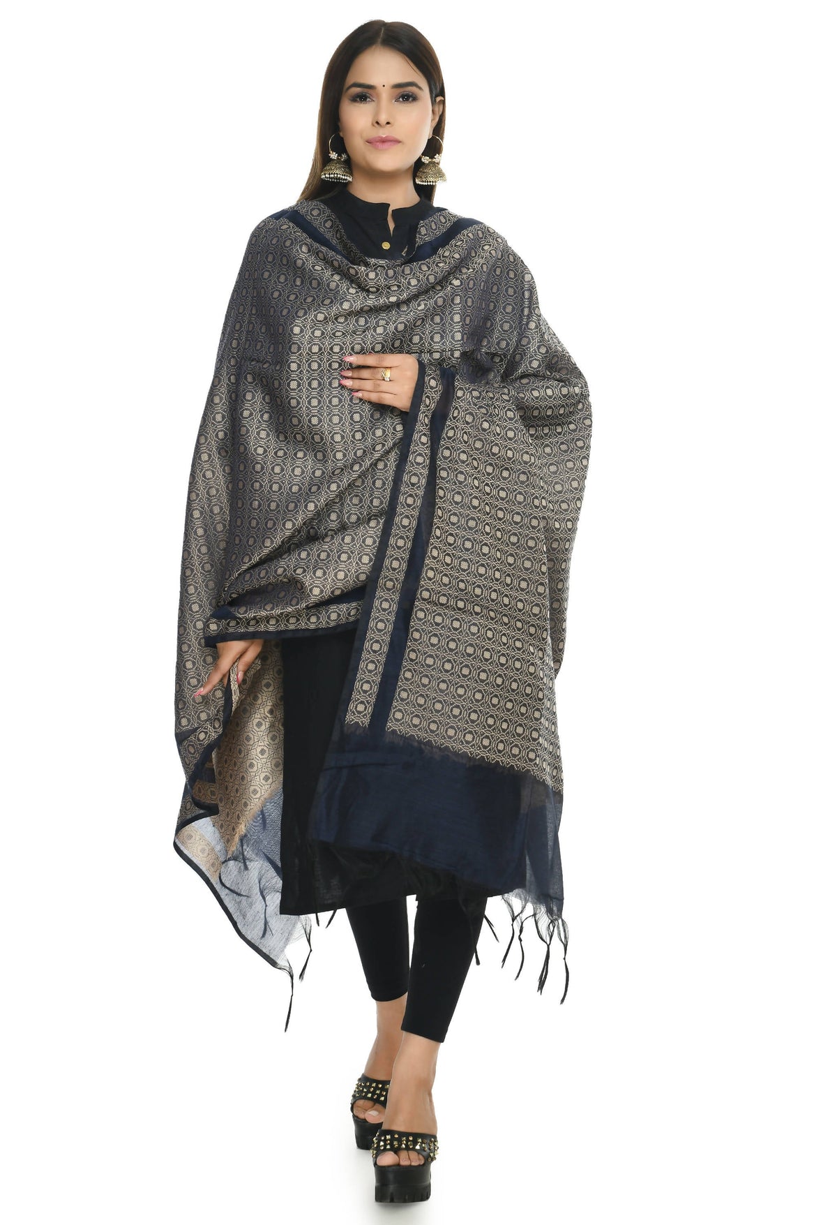 Mominos Fashion Moeza Handloom Cotton Navy Blue Dupatta For Women | Grocsy
