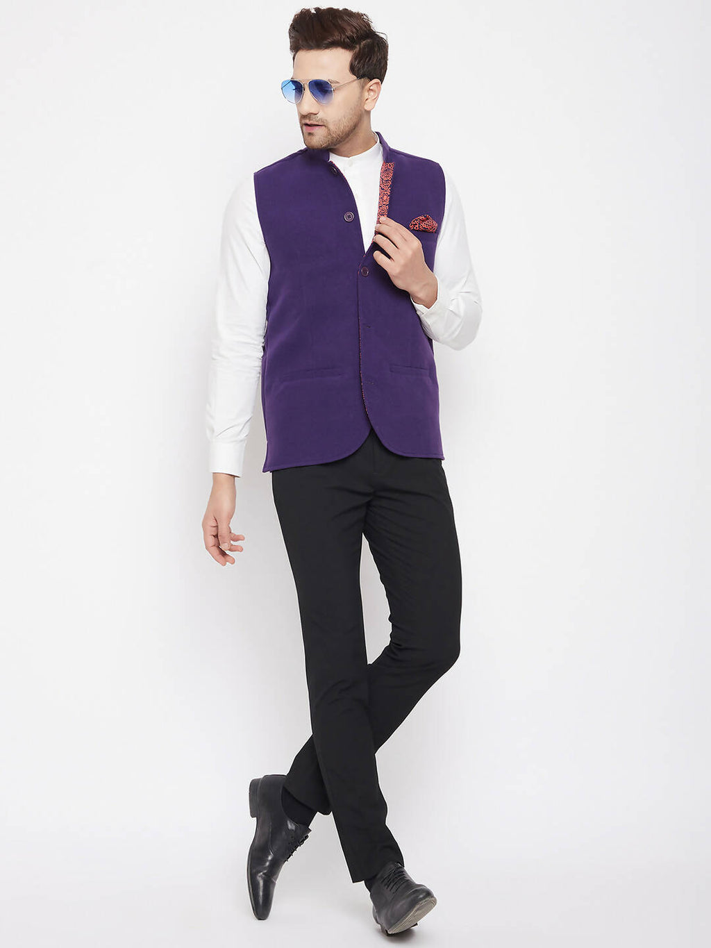 Even Apparels Purple Wool Men's Nehru Jacket-Contrast Lining-Inbuilt Pocket Square | Grocsy