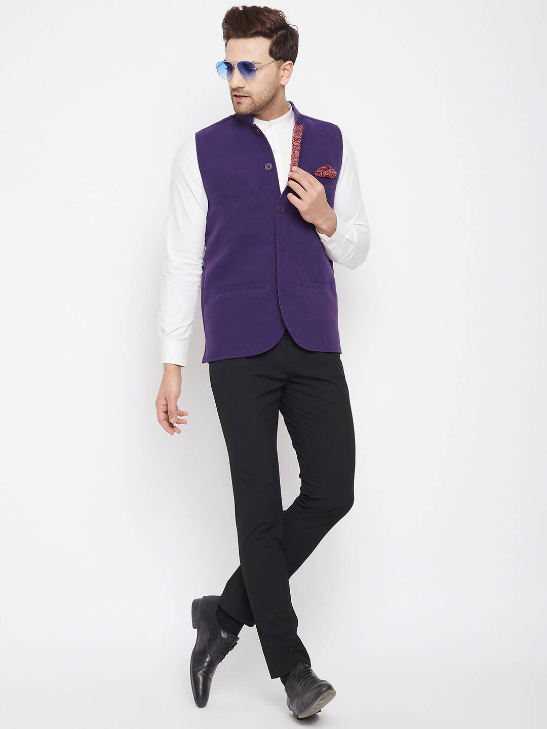 Even Apparels Purple Wool Men's Nehru Jacket-Contrast Lining-Inbuilt Pocket Square | Grocsy
