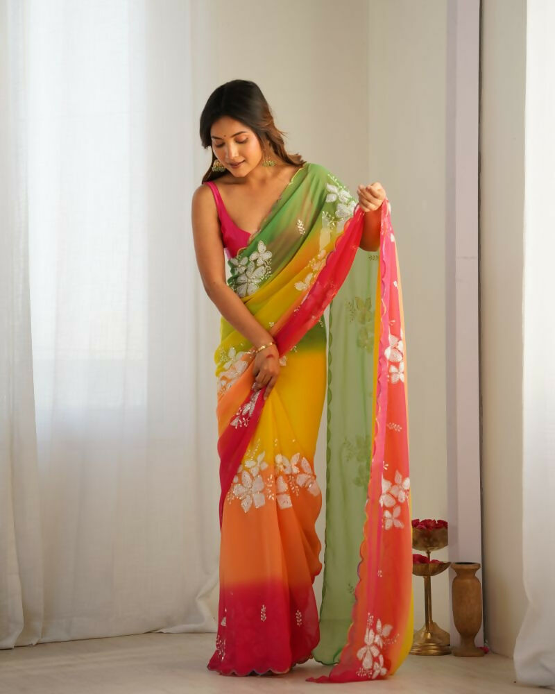 Yellow Georgette Pedding Color, Embroidery Work Party Wear Saree - Erisha | Grocsy