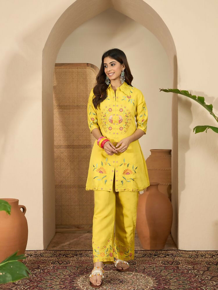 Joban Fashion Women Yellow Roman Silk Embroidered Stitched Kurta Set | Grocsy