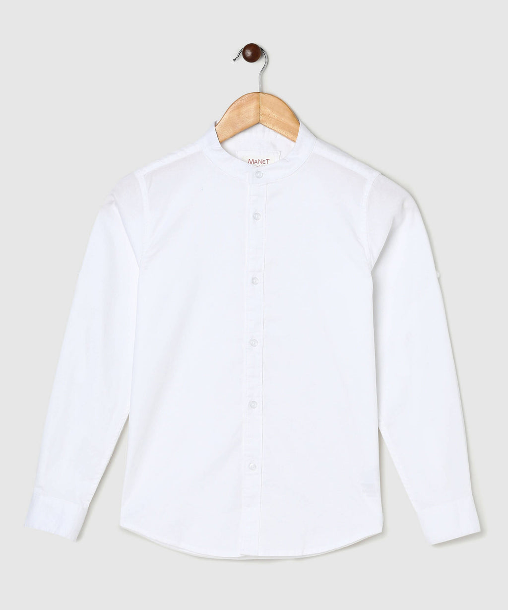 Manet Boys Mandarin Collar Full Sleeves Melange Shirt - White | Grocsy