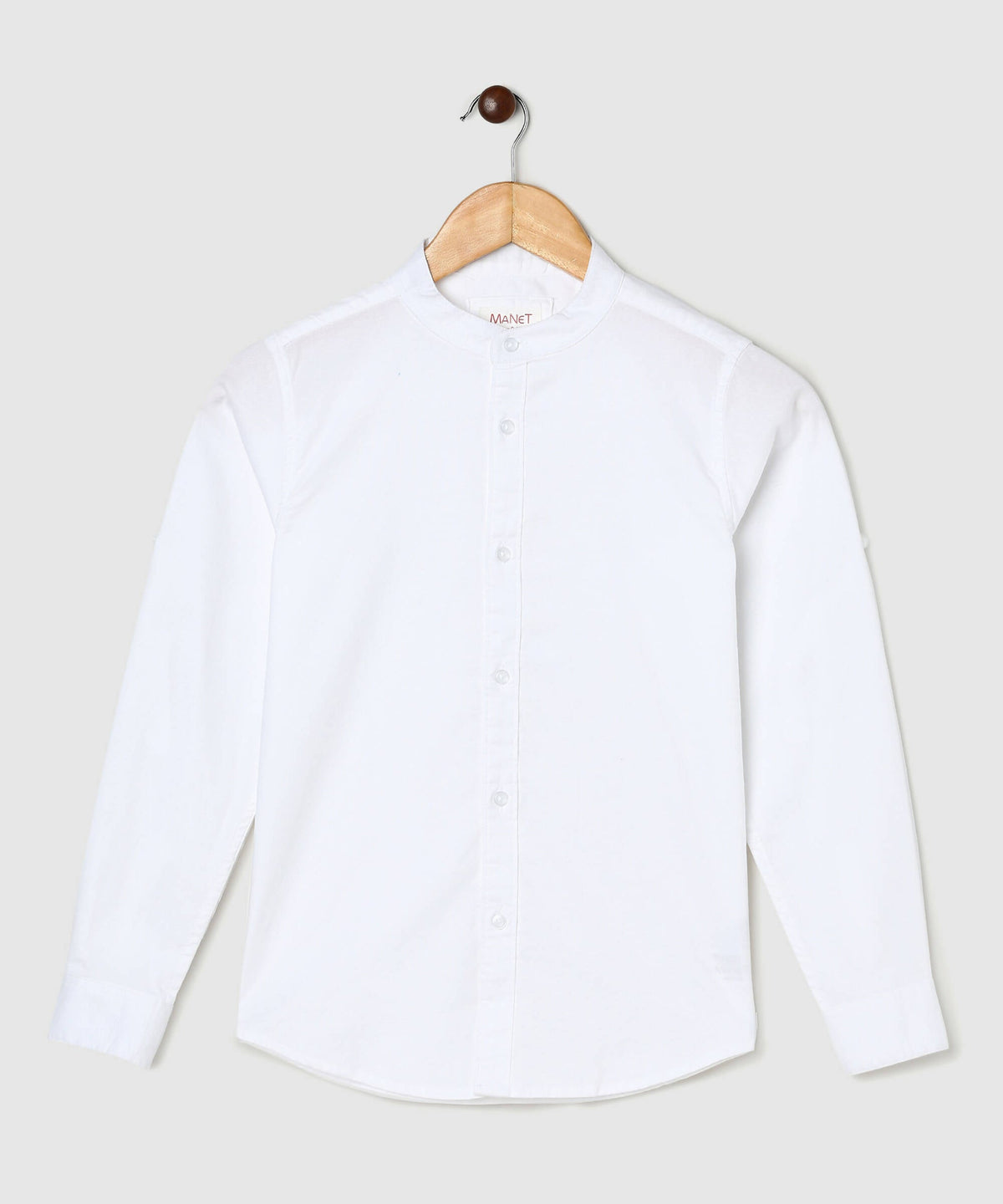 Manet Boys Mandarin Collar Full Sleeves Melange Shirt - White | Grocsy