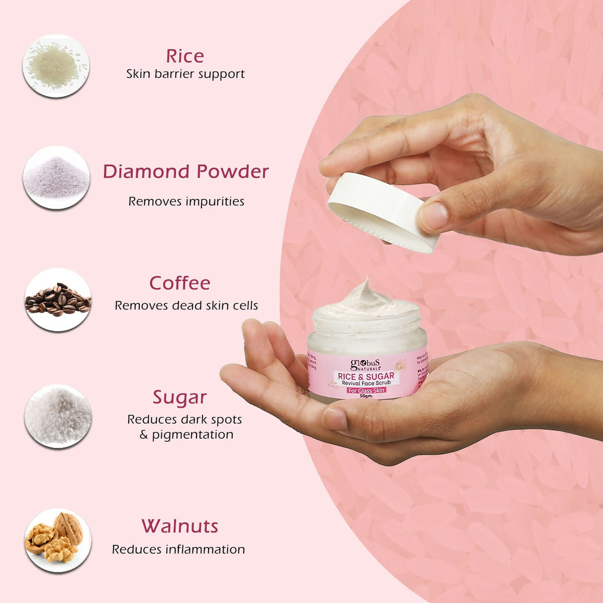 Globus Naturals Rice & Sugar Revival Face Scrub, For Korean Glass Skin | Grocsy