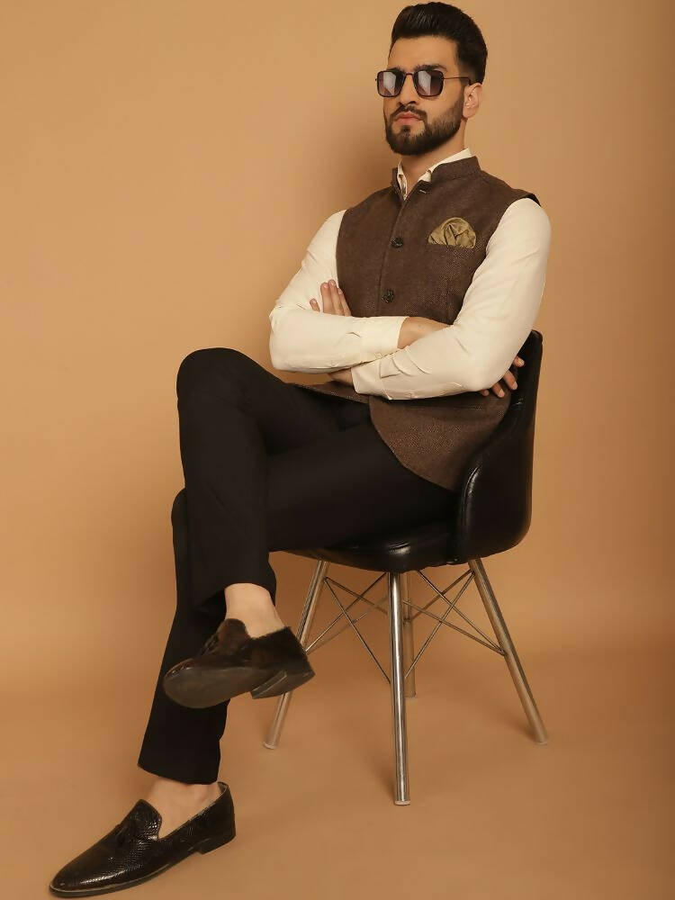 Even Apparels Pure Wool Nehru Jacket - Brown | Grocsy