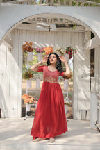 Vastranavya Faux Blooming with Embroidery Zari Sequins-work Gown - Orange | Grocsy