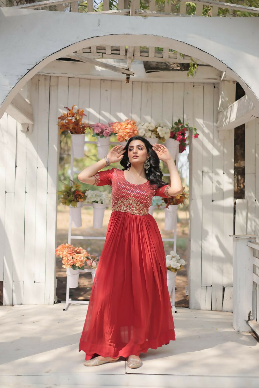 Vastranavya Faux Blooming with Embroidery Zari Sequins-work Gown - Orange | Grocsy
