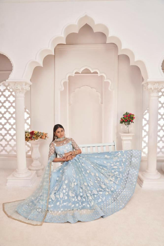 Aastha Fashion Light Sky Butterfly Net White Cotton Thread Work, Zari Work And Sandwich Sequence Work Embroidery Wedding Wear Lehenga Choli | Grocsy