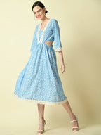 Myshka Women's Blue Floral Printed Fit and Flare Dress | Grocsy