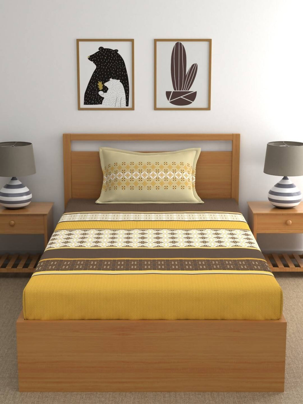 Home Ecstasy Mustard & Cream Ethnic Motifs 140TC Bedsheet With Pillow Covers | Grocsy