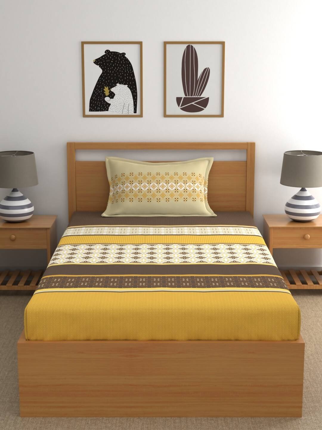 Home Ecstasy Mustard & Cream Ethnic Motifs 140TC Bedsheet With Pillow Covers | Grocsy