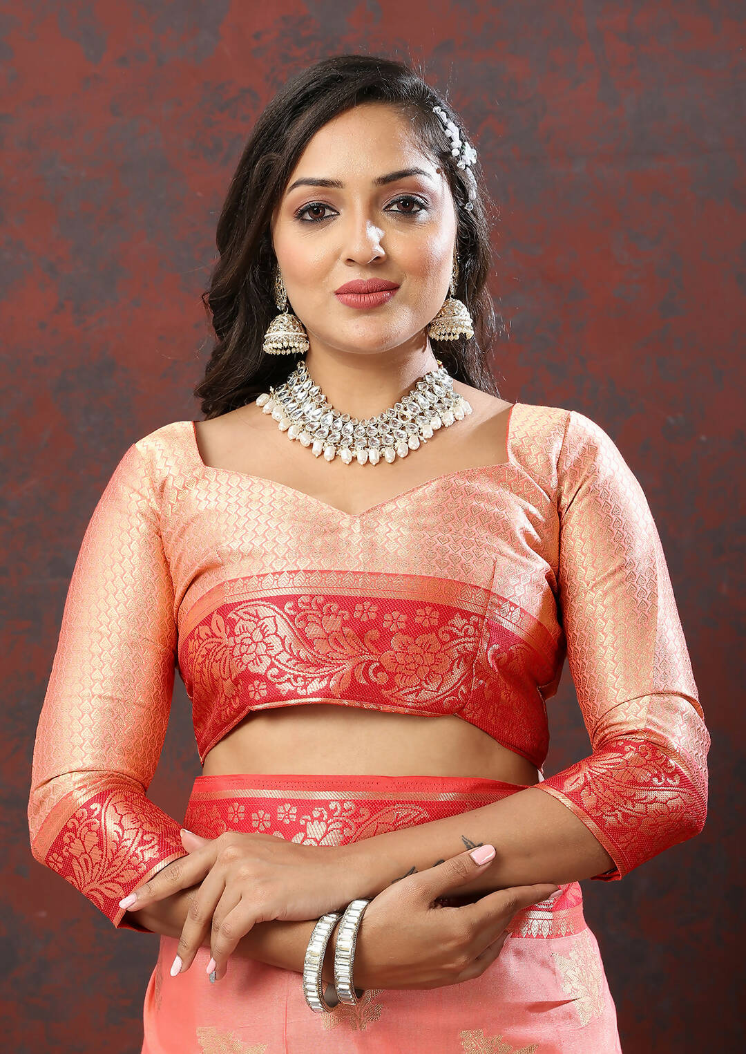 Lorenvalley Fashion Peach Cotton Woven Design with Zari Weaving Design Saree | Grocsy