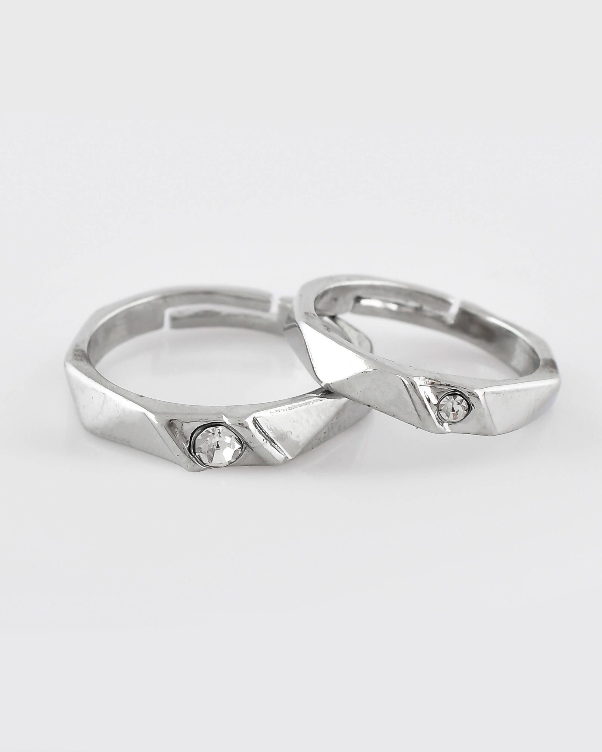 VOJ Stainless Steel Cubic Zirconia Silver Plated Adjustable Ring Set for Couple | Grocsy