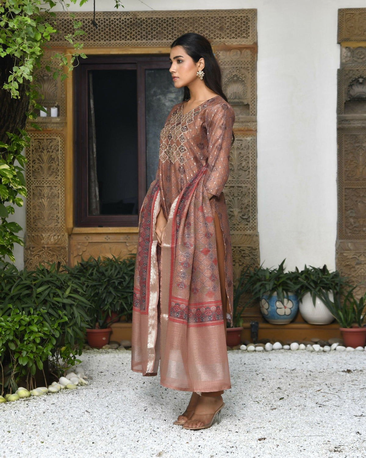 Vaasva Women's Chanderi Printed Suit Set With Pant And Printed Dupatta | Grocsy