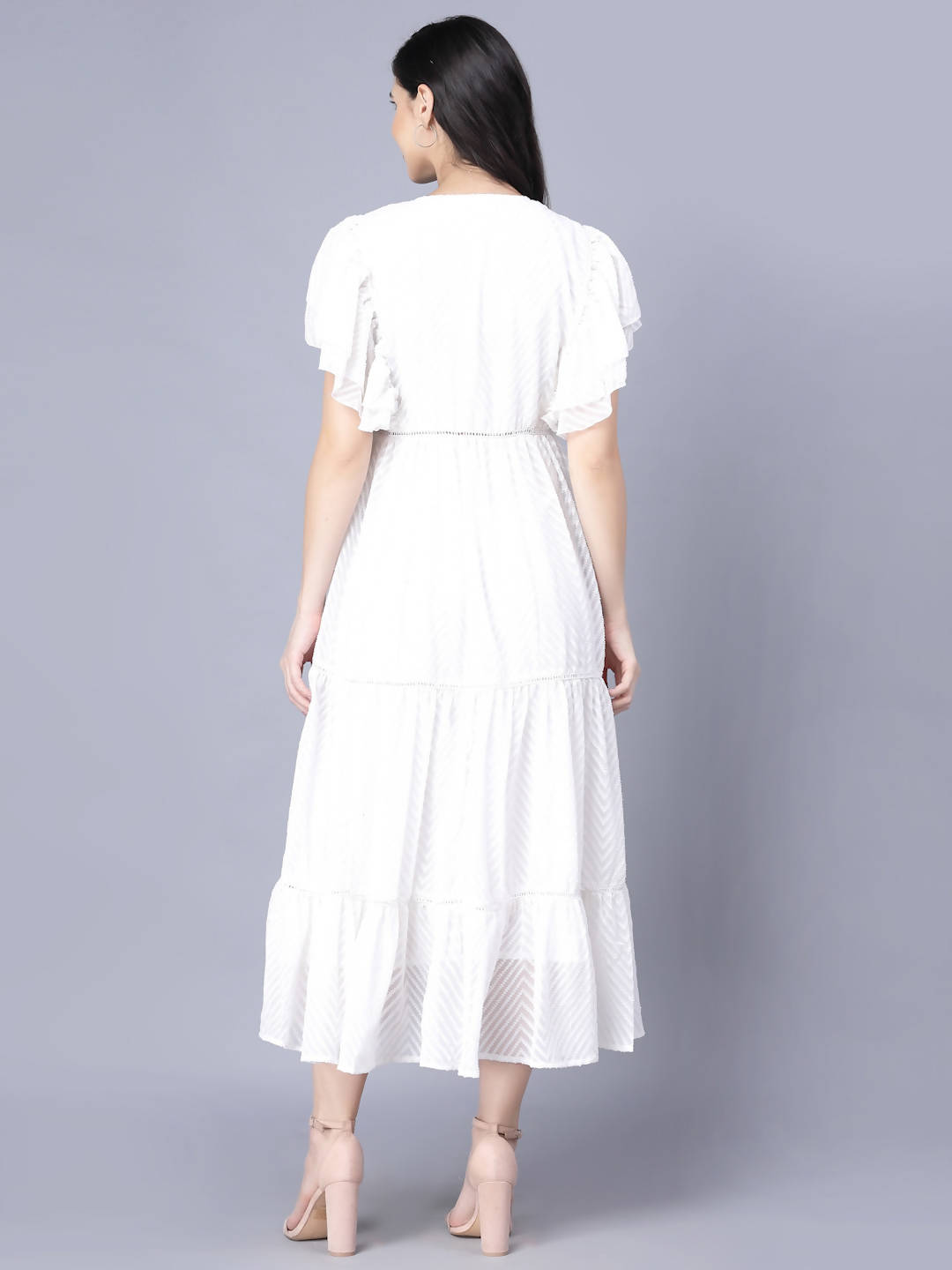 Myshka Georgette Solid Short Sleeve V Neck White Women Dress | Grocsy