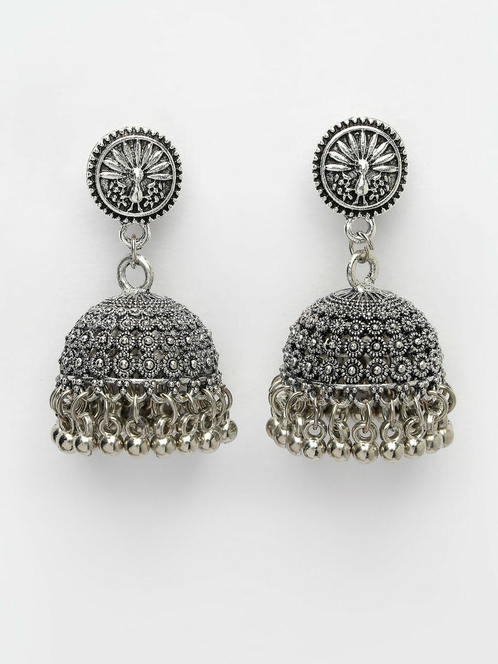 NVR Women's Silver-Toned German Silver Oxidised Dome Shaped Jhumka Earrings | Grocsy
