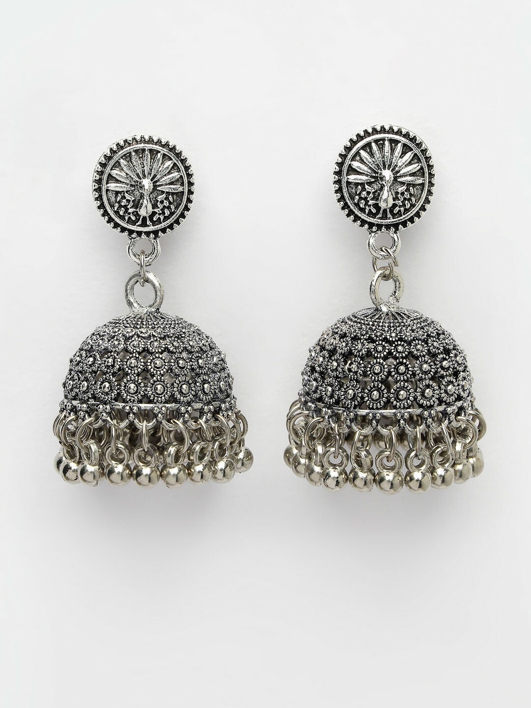 NVR Women's Silver-Toned German Silver Oxidised Dome Shaped Jhumka Earrings | Grocsy