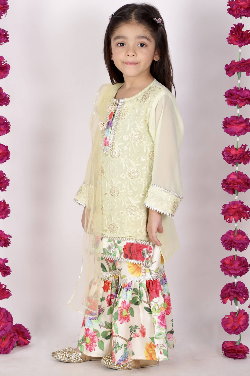 Little Bansi Girls Green & yellow Embrodiery Kurta with Floral Sharara | Grocsy