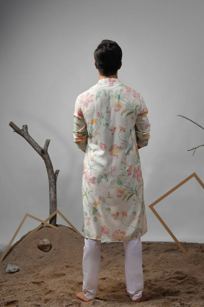 White Muslin Designer Printed Kurta Set - Mahotsav | Grocsy