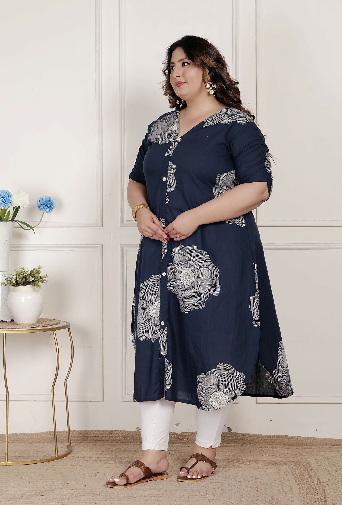 Miravan Womens Plus Size Blue Floral Printed Front Buttoned A-Line Kurta Dress | Grocsy