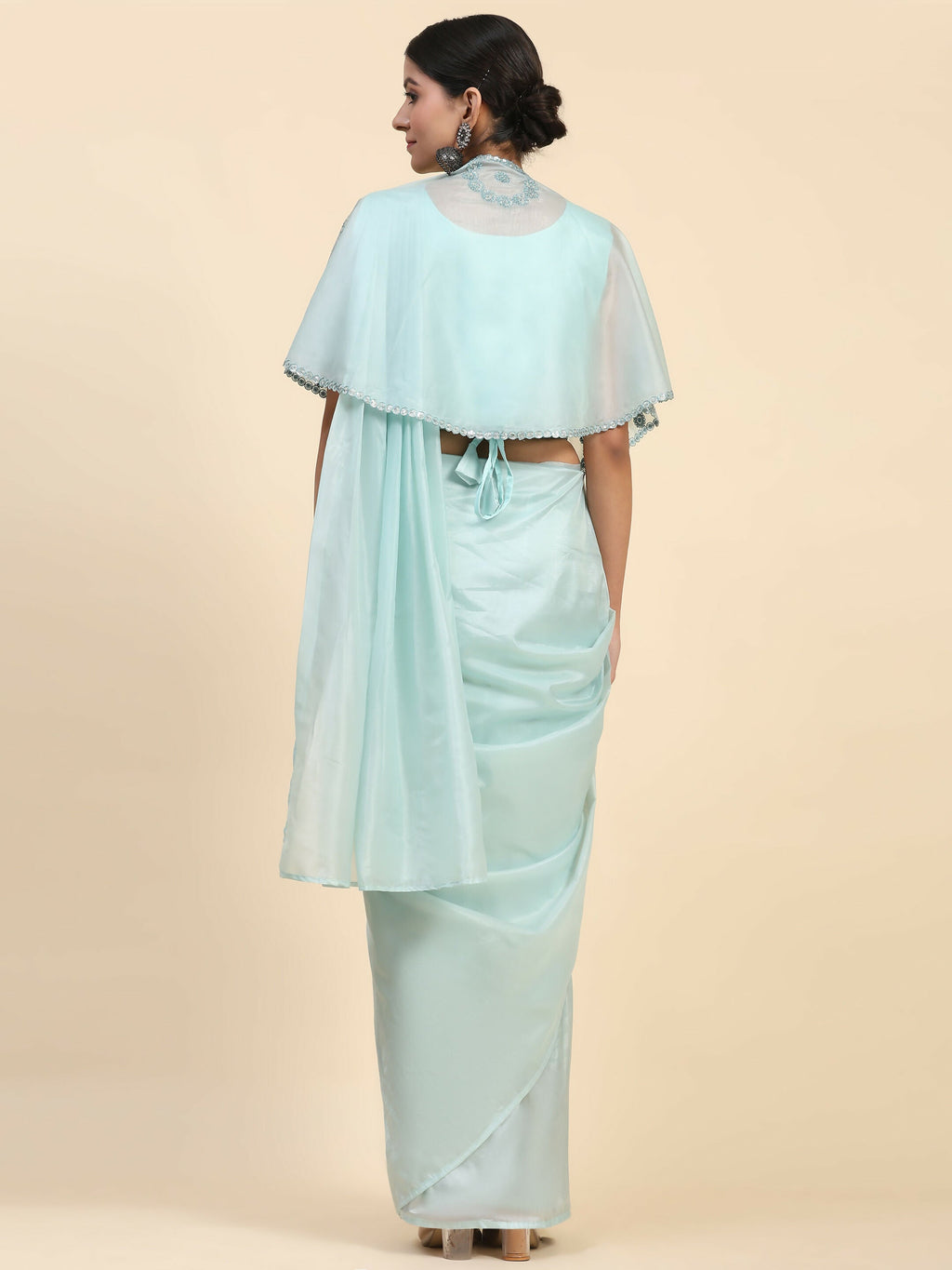 Blue Satin Solid Ready to wear Saree with stitched Blouse - Vanita | Grocsy