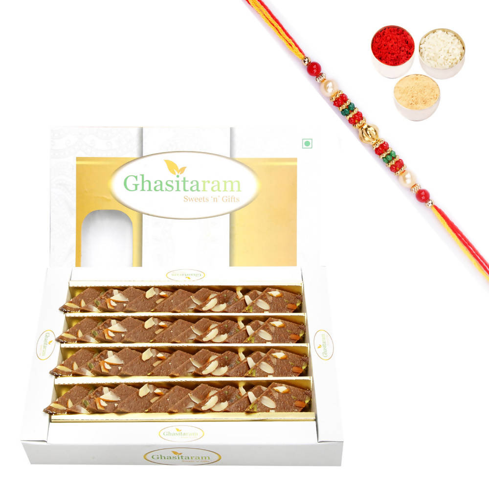 Ghasitaram Chocolate Kaju Katli With Pearl Beads Rakhi | Grocsy