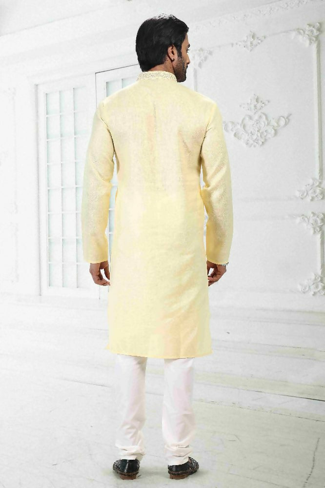 Raivat Ethnic Linen Cotton Thread Work Kurta Pajama In Yellow Colour | Grocsy